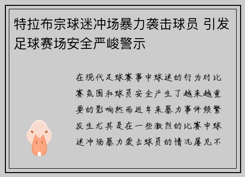 特拉布宗球迷冲场暴力袭击球员 引发足球赛场安全严峻警示